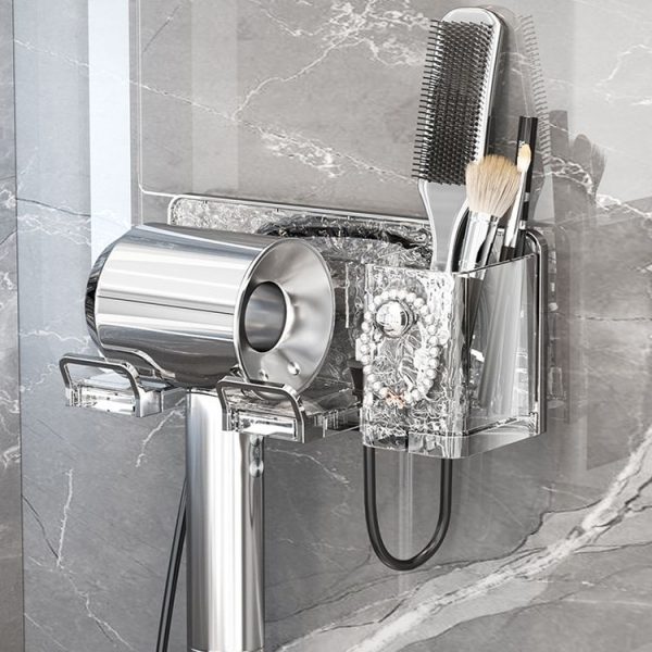 Household Hair Dryer Shelf Bathroom No Punching Wall Mounted Storage Rack (Transparent Silver) - Image 2