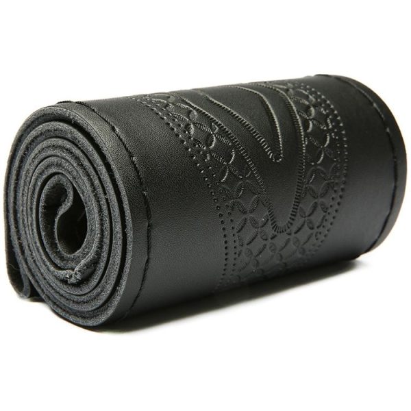 38cm Four-Season Embossed Hand-Sewn Cowhide Steering Wheel Cover (Black+Black Line)