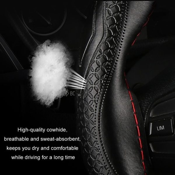 38cm Four-Season Embossed Hand-Sewn Cowhide Steering Wheel Cover (Black+Black Line) - Image 4