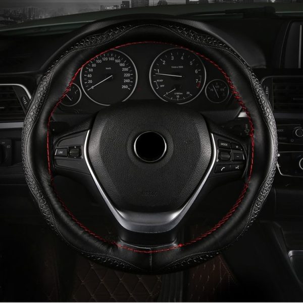 38cm Four-Season Embossed Hand-Sewn Cowhide Steering Wheel Cover (Black+Black Line) - Image 7