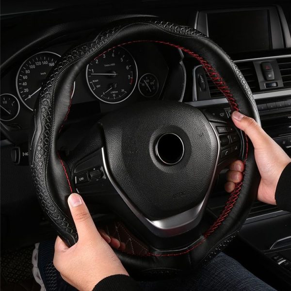 38cm Four-Season Embossed Hand-Sewn Cowhide Steering Wheel Cover (Black+Black Line) - Image 8