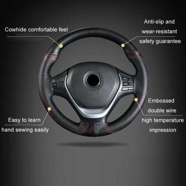 38cm Cowhide Embossed Hand-Stitched Double-Line Steering Wheel Cover (Black Black Line) - Image 3