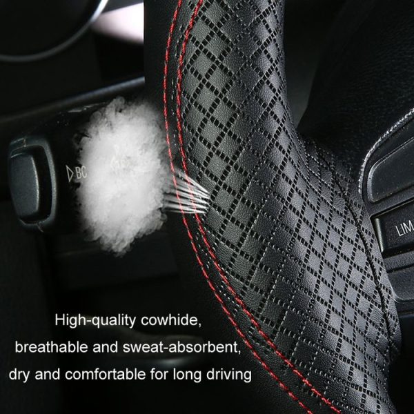 38cm Cowhide Embossed Hand-Stitched Double-Line Steering Wheel Cover (Black Black Line) - Image 4
