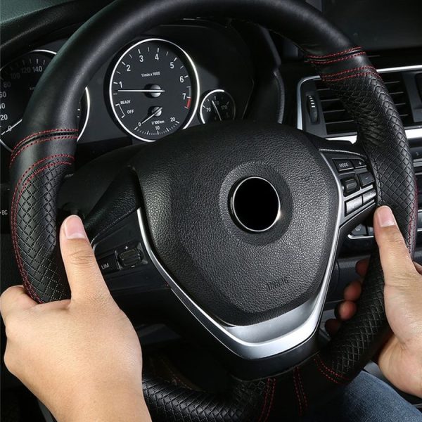 38cm Cowhide Embossed Hand-Stitched Double-Line Steering Wheel Cover (Black Black Line) - Image 7