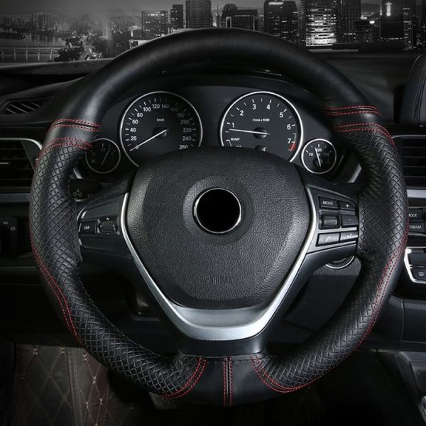 38cm Cowhide Embossed Hand-Stitched Double-Line Steering Wheel Cover (Black Black Line) - Image 8