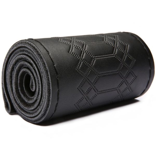 38cm Four-season Embossed Hand-sewn Cowhide Steering Wheel Cover (Black+Black Line)