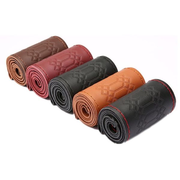 38cm Four-season Embossed Hand-sewn Cowhide Steering Wheel Cover (Black+Black Line) - Image 2