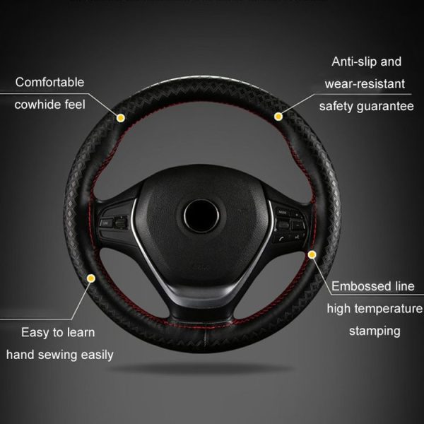 38cm Four-season Embossed Hand-sewn Cowhide Steering Wheel Cover (Black+Black Line) - Image 3