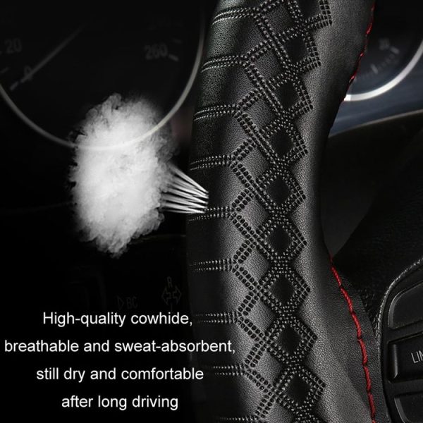 38cm Four-season Embossed Hand-sewn Cowhide Steering Wheel Cover (Black+Black Line) - Image 4