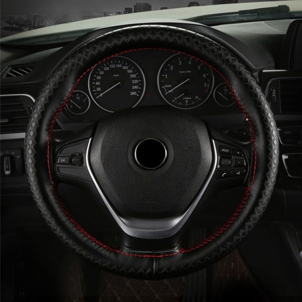 38cm Four-season Embossed Hand-sewn Cowhide Steering Wheel Cover (Black+Black Line) - Image 7