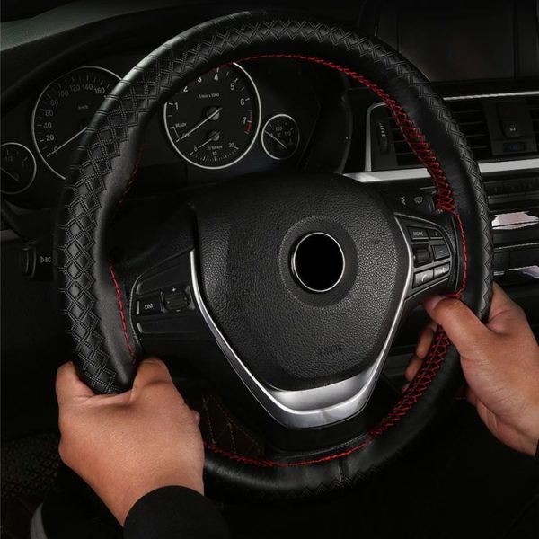38cm Four-season Embossed Hand-sewn Cowhide Steering Wheel Cover (Black+Black Line) - Image 8