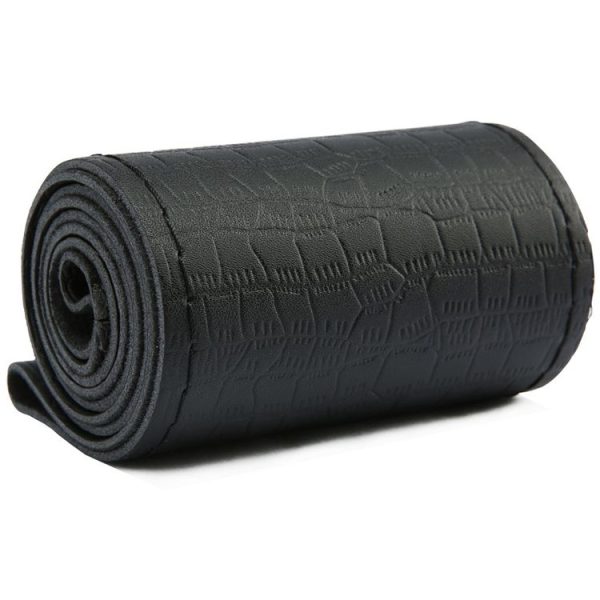 38cm Four-season Embossed Cowhide Hand-sewn Steering Wheel Cover (Black+Black Line)