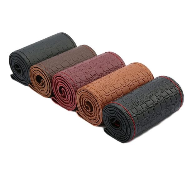 38cm Four-season Embossed Cowhide Hand-sewn Steering Wheel Cover (Black+Black Line) - Image 2