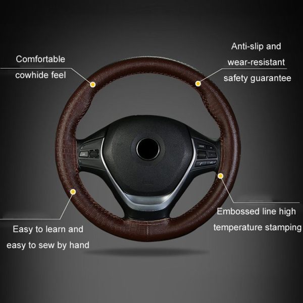 38cm Four-season Embossed Cowhide Hand-sewn Steering Wheel Cover (Black+Black Line) - Image 3