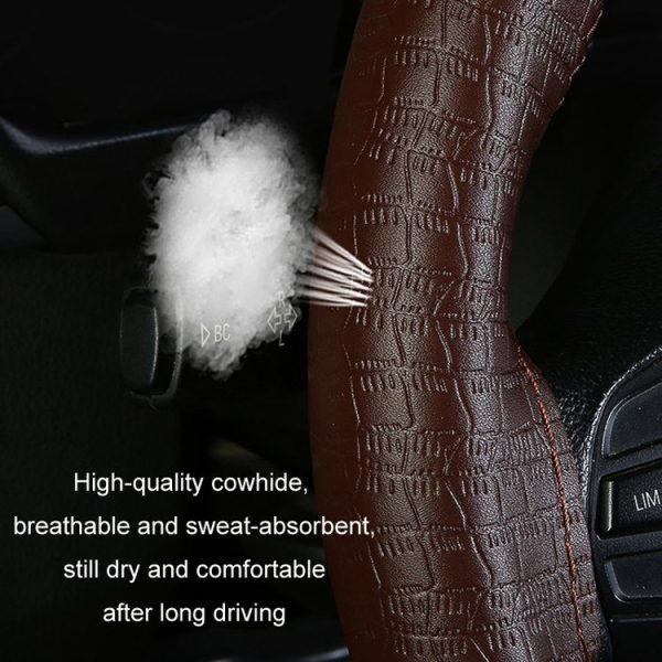 38cm Four-season Embossed Cowhide Hand-sewn Steering Wheel Cover (Black+Black Line) - Image 6