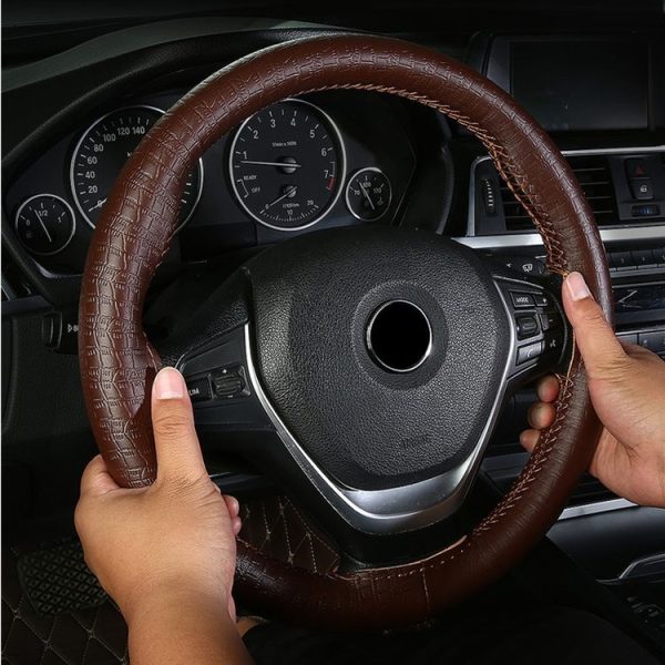 38cm Four-season Embossed Cowhide Hand-sewn Steering Wheel Cover (Black+Black Line) - Image 8