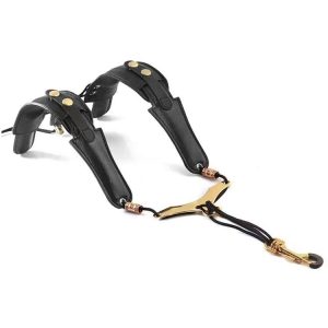 Saxophone Double-Shoulder Strap Leather Adjustable Lanyard For Tenor Alto Sax Accessories (Black)