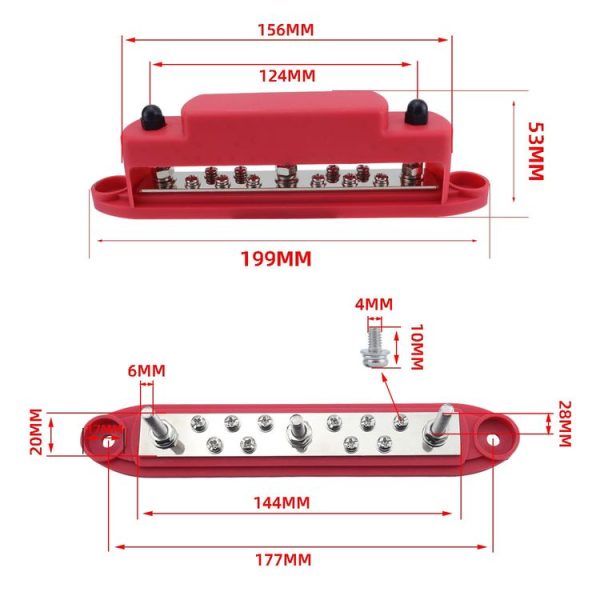 M6 3-post 10-way RV Yacht Short-circuit Proof Base DC Busbar, Color: Red - Image 3