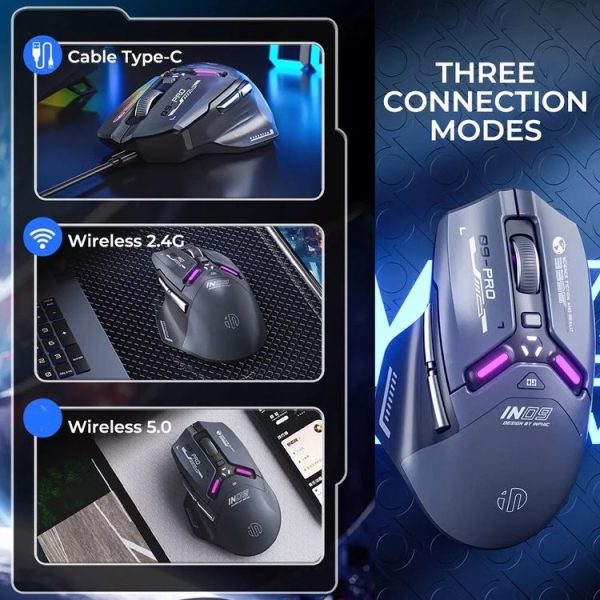 Inphic IN9PRO-H 3 Modes Wired and Wireless Mouse PAW3395 Sensor (Black Gray) - Image 3