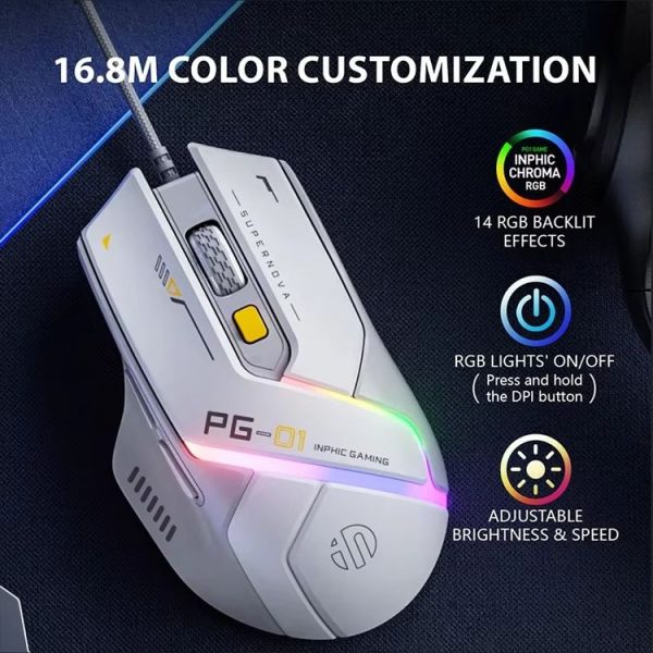 Inphic PG1 RGB Light Emitting Computer Gaming Wired Mouse (White) - Image 3