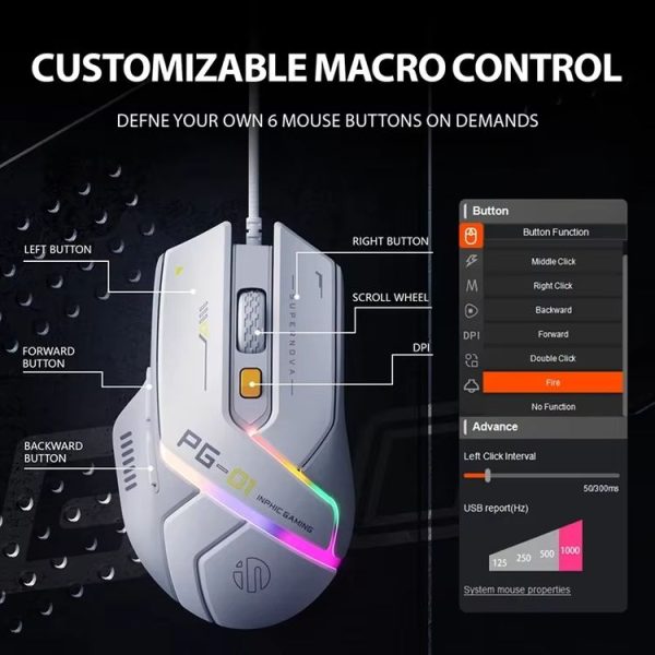 Inphic PG1 RGB Light Emitting Computer Gaming Wired Mouse (White) - Image 7