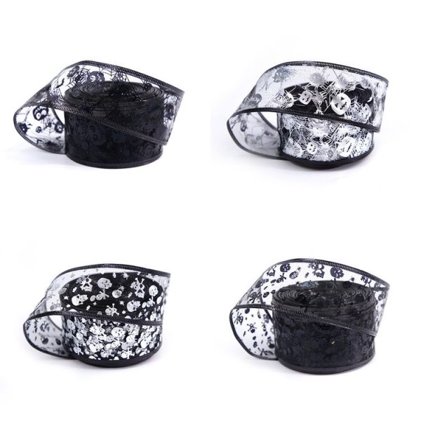 2m Halloween Decoration Gold-stamped Cartoon DIY Bow Ribbon (Silver Pumpkin Spider Web) - Image 2