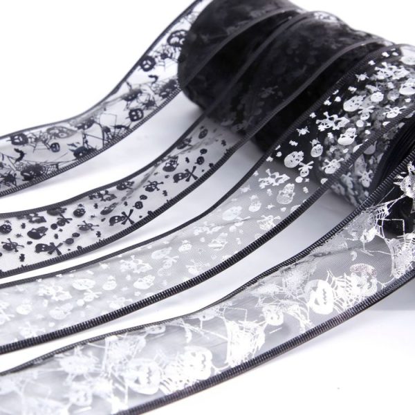 2m Halloween Decoration Gold-stamped Cartoon DIY Bow Ribbon (Silver Pumpkin Spider Web) - Image 3