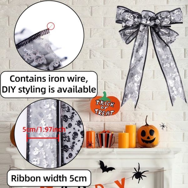2m Halloween Decoration Gold-stamped Cartoon DIY Bow Ribbon (Silver Pumpkin Spider Web) - Image 5