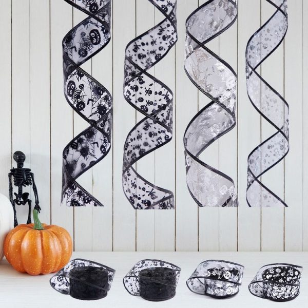 2m Halloween Decoration Gold-stamped Cartoon DIY Bow Ribbon (Silver Pumpkin Spider Web) - Image 6