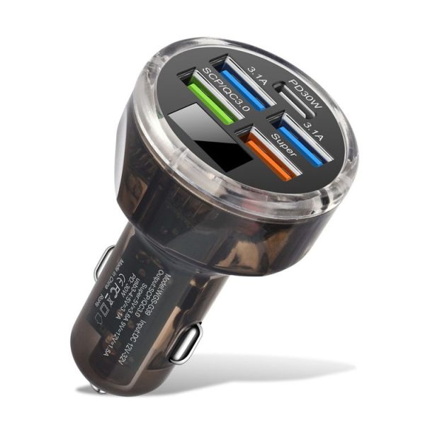 5 in 1 3-line Multi-port Car Charger With Digital Voltage Display (Boxed)