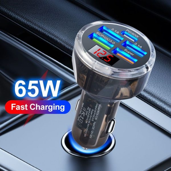5 in 1 3-line Multi-port Car Charger With Digital Voltage Display (Boxed) - Image 2