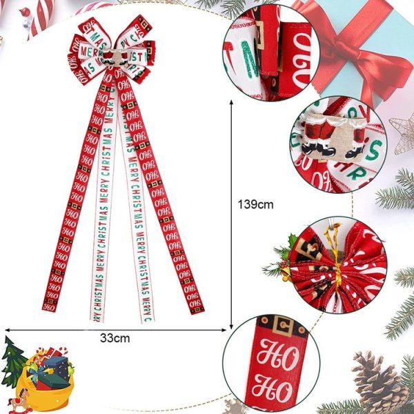 Christmas Tree Top Decoration Bow Imitation Linen Double-layer Bow Pendant (Red White Letters) - Image 2