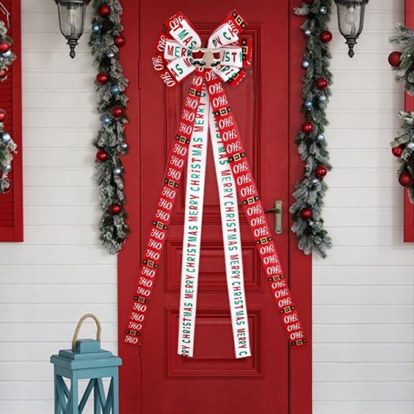 Christmas Tree Top Decoration Bow Imitation Linen Double-layer Bow Pendant (Red White Letters) - Image 3