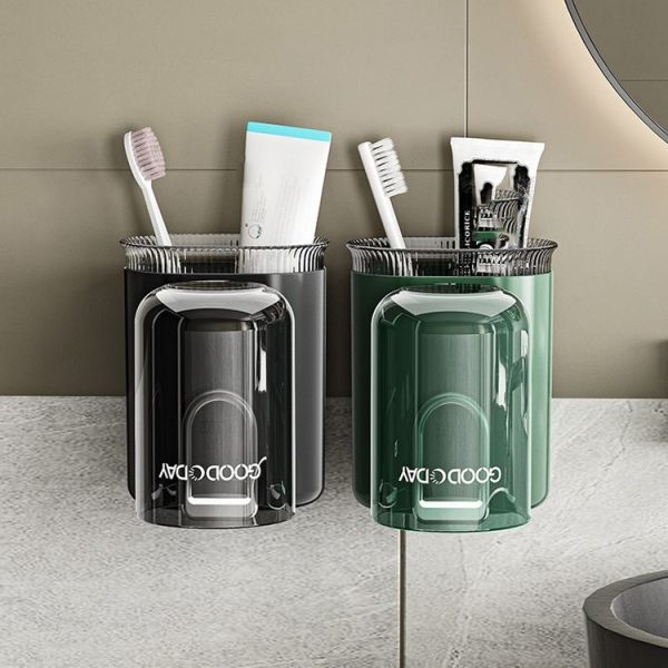 Washing Cup Toothbrush Holder Wall Mounted Home Bathroom Multifunctional Storage Rack (Transparent Black) - Image 2
