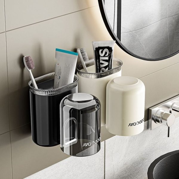 Washing Cup Toothbrush Holder Wall Mounted Home Bathroom Multifunctional Storage Rack (Transparent Black) - Image 5