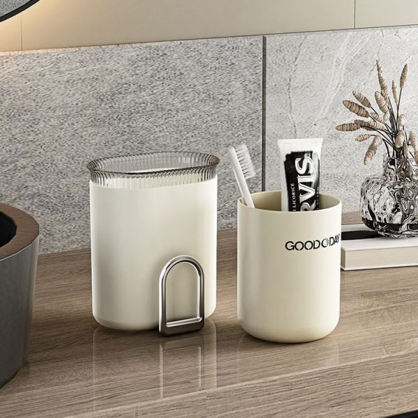 Washing Cup Toothbrush Holder Wall Mounted Home Bathroom Multifunctional Storage Rack (Transparent Black) - Image 6