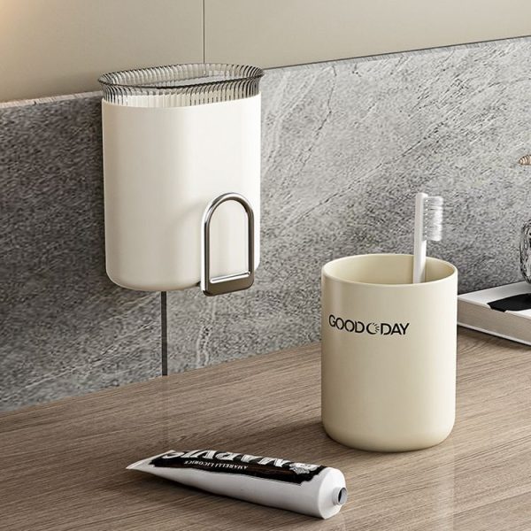 Washing Cup Toothbrush Holder Wall Mounted Home Bathroom Multifunctional Storage Rack (Transparent Black) - Image 7