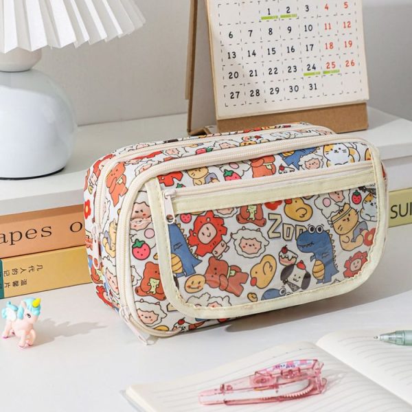 Large Capacity Waterproof Multi-layer Stationery Bag Transparent PVC Pencil Case (Light Zoo)