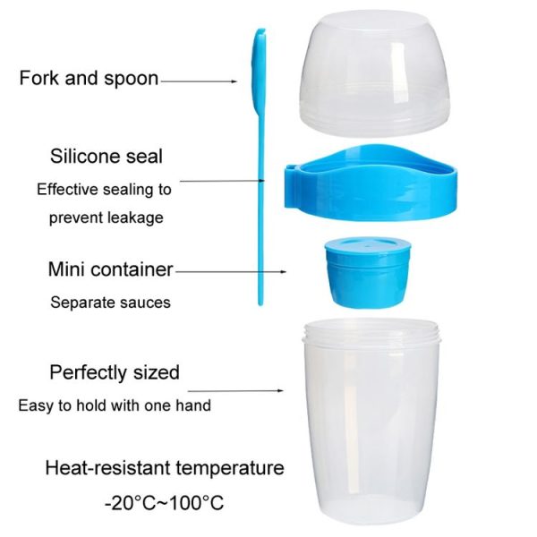 870ml Portable Salad Cup With Lid And Fork Breakfast Cup Sealed Leak-Proof Food Cup (Blue) - Image 4