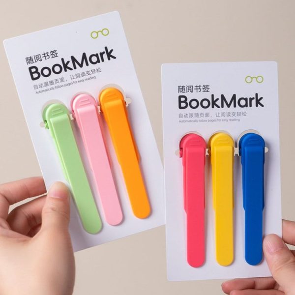 3pcs Rose Red + Yellow + Blue Silicone Page Bookmark Clip Automatic Page Recording Reading Tool - Image 5