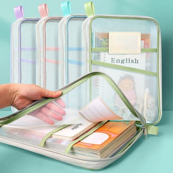 A4 Clear File Bag Student Books Stationery Storage Bag Thickened Mesh Zipper Pouch (Pink) - Image 2
