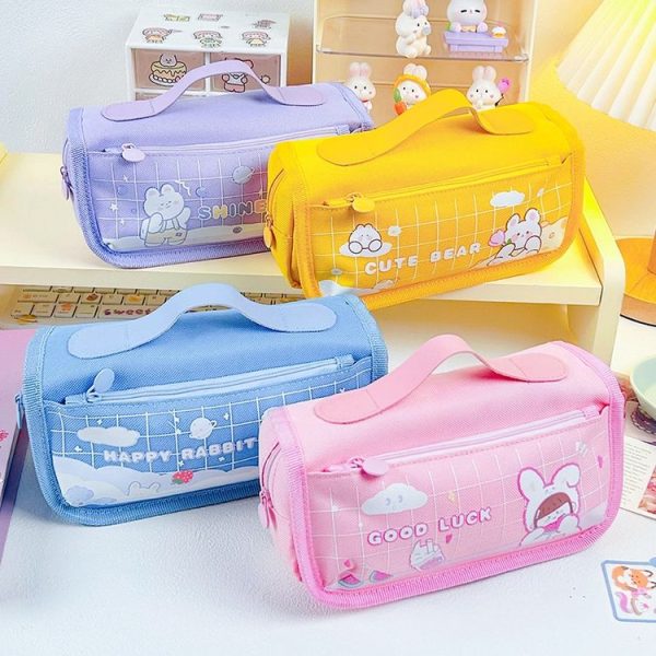 Multi-layered Pencil Bag Multifunctional Large Capacity Pen Cases Cute Cartoon Stationery Bag (Pink) - Image 2