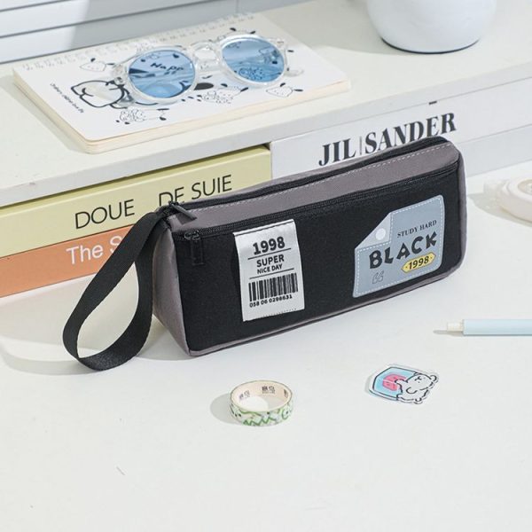 Retro Triangle Design Double-layer Handheld Pencil Case Student Stationery Bag (Black)