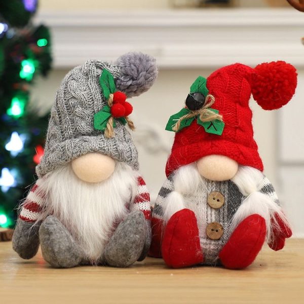 Christmas Doll Knit Hat Sitting Gnome Plush Ornament Decoration Christmas Knit Hat Figurine (Grey) - Image 2