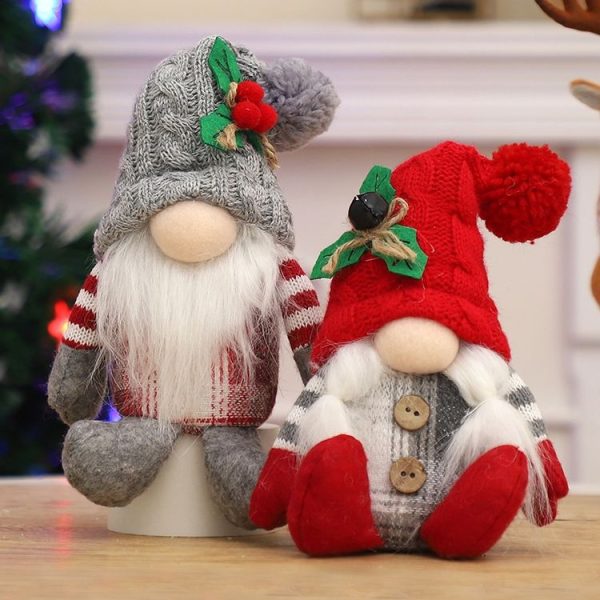 Christmas Doll Knit Hat Sitting Gnome Plush Ornament Decoration Christmas Knit Hat Figurine (Grey) - Image 4