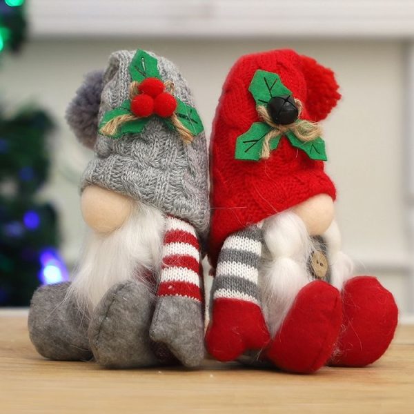 Christmas Doll Knit Hat Sitting Gnome Plush Ornament Decoration Christmas Knit Hat Figurine (Grey) - Image 5