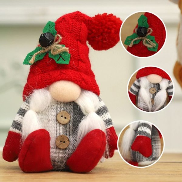 Christmas Doll Knit Hat Sitting Gnome Plush Ornament Decoration Christmas Knit Hat Figurine (Grey) - Image 6