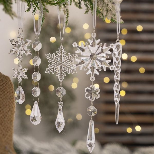 5pcs / Set Christmas Acrylic Clear Pendant Snowflake Icicle Crystal Ornaments Xmas Tree Hanging Decoration - Image 2