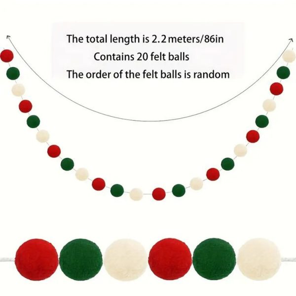 2m Wool Felt Balls Garland 20 Balls Colorful Flags For Festival Party Christmas Home Decoration (Red Green White) - Image 3
