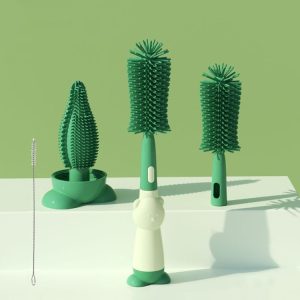 Portable 3 In 1 Food Grade Silicone Bottle Brush Set Multipurpose Baby Bottle Straw Cleaner Brush (Green)